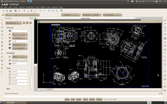 Logotipo do DraftSight em um ambiente Linux com interface de design gráfico