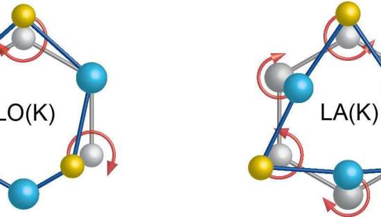 Este diagrama traça o movimento atômico em modos separados do fônon. À esquerda (“LO” representa um modo óptico longitudinal), os átomos de selênio exibem uma rotação no sentido horário enquanto os átomos de tungstênio são imóveis. À direita (“LA” representa um modo acústico longitudinal), os átomos de tungstênio exibem um movimento de rotação no sentido horário enquanto os átomos de selênio giram num sentido anti-horário. Crédito: Hanyu Zhu, e outros.