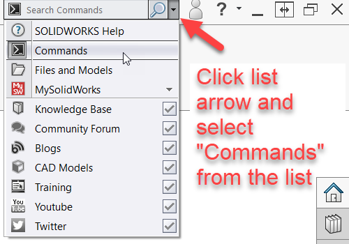 Interface do SOLIDWORKS mostrando a pesquisa de comandos em uso