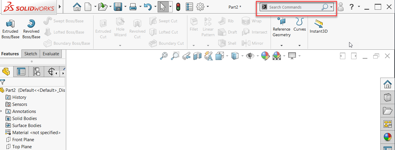 Interface do SOLIDWORKS mostrando a pesquisa de comandos em uso