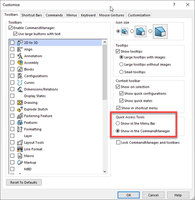 Melhorias na interface do usuário do SOLIDWORKS 2020