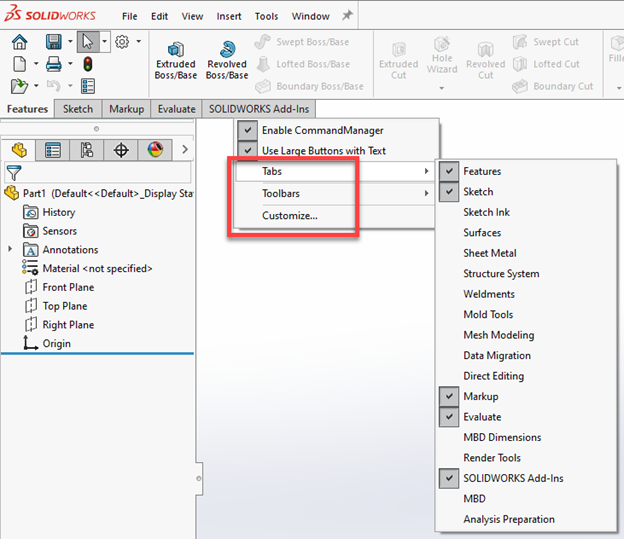 Melhorias na interface do usuário do SOLIDWORKS 2020