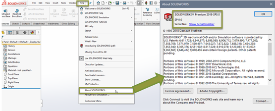 Como encontro meu Service Pack, versão e número de série do SOLIDWORKS?