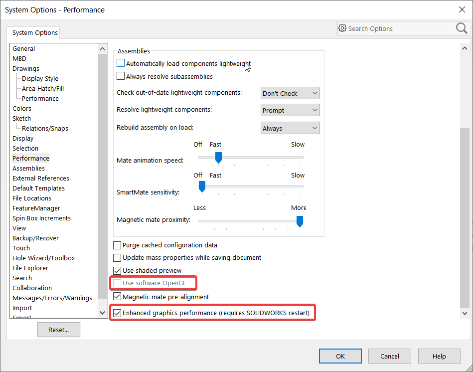 Tela do SOLIDWORKS em modo de segurança para solução de problemas