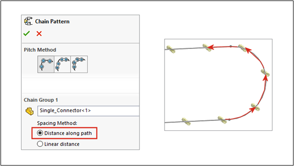 Opções de espaçamento de padrões de cadeia do SOLIDWORKS 2021