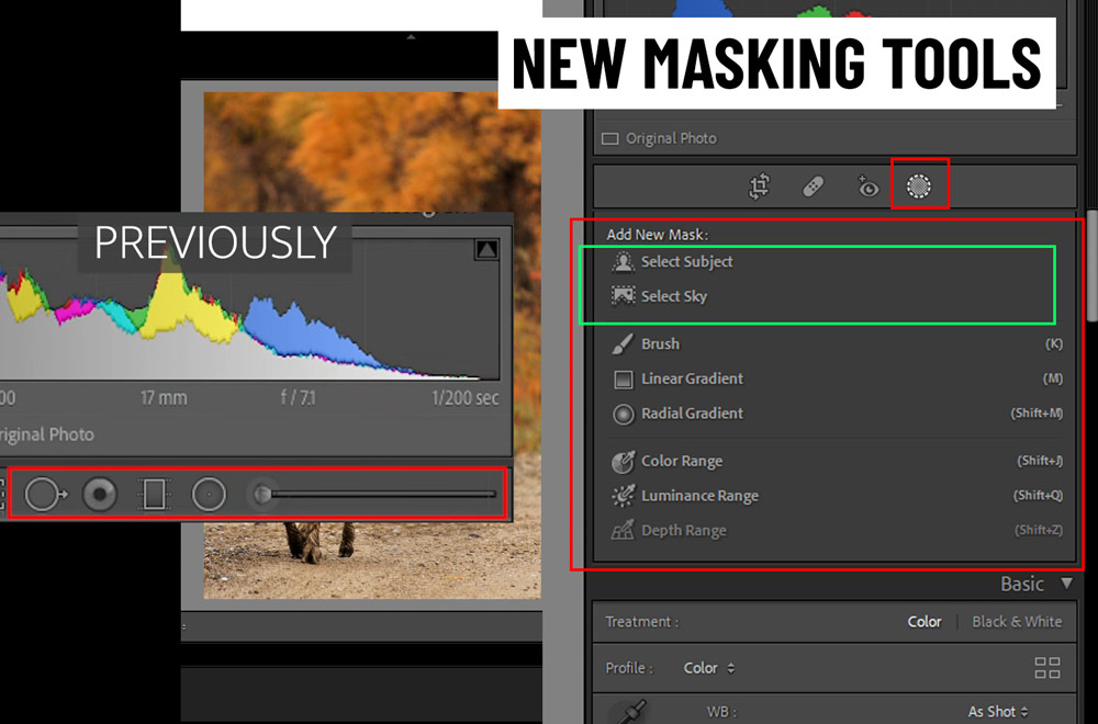 Interface do Lightroom mostrando novas ferramentas de mascaramento em uso