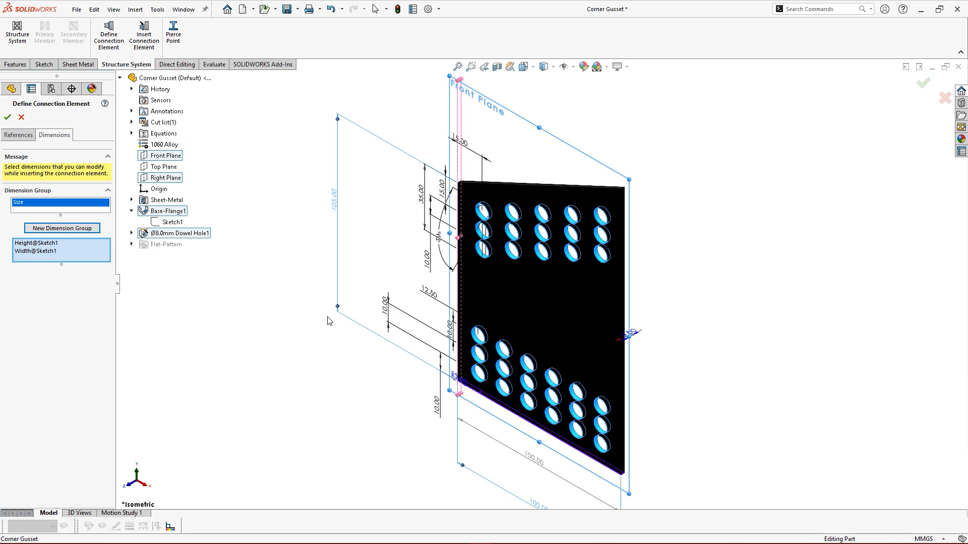 Grupos de dimensão para elementos de conexão no SOLIDWORKS 2022