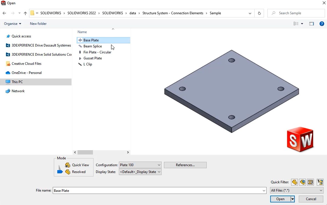 Conexões de amostra do SOLIDWORKS