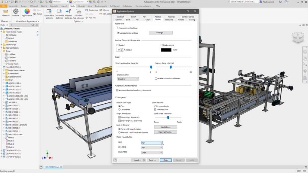 Mapeamento de navegação da roda de rolagem do mouse Autodesk Inventor 2022