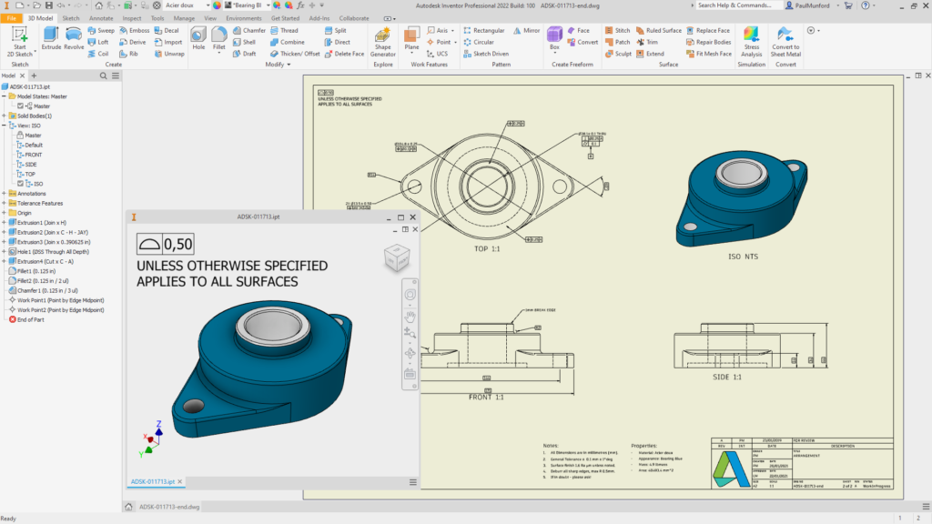 Autodesk Inventor 2022 criando automaticamente vistas de desenho a partir de vistas de modelo, incluindo anotações