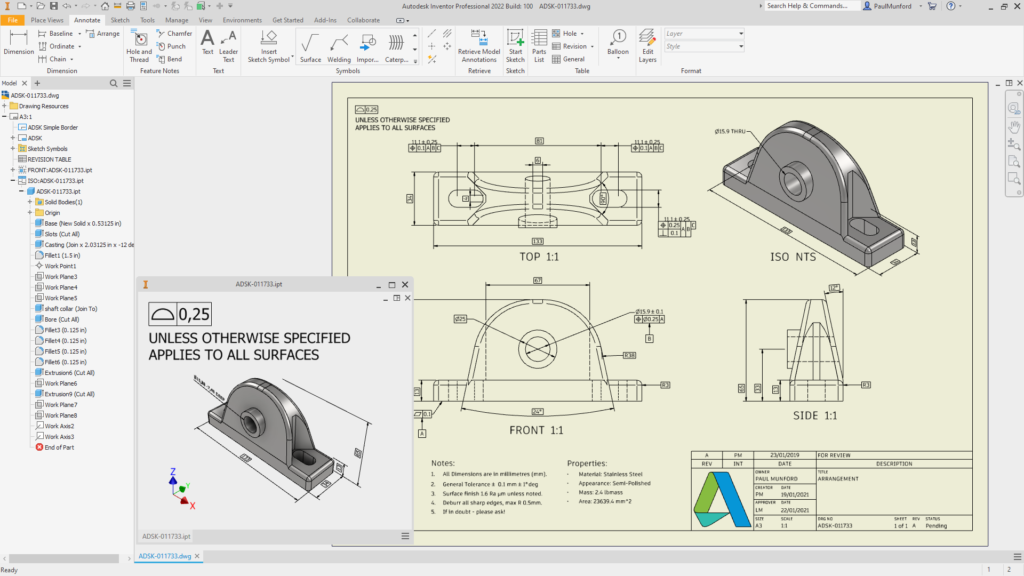 Autodesk Inventor 2022 criando automaticamente vistas de desenho a partir de vistas de modelo, incluindo anotações