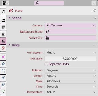 Interface do Blender mostrando unidades em complementos e suas configurações