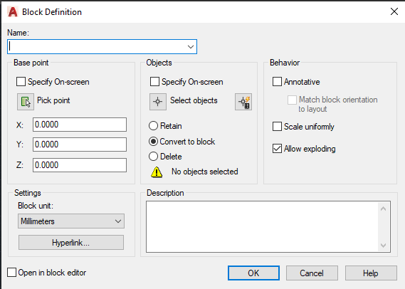 Caixa de diálogo de definição de bloco no AutoCAD