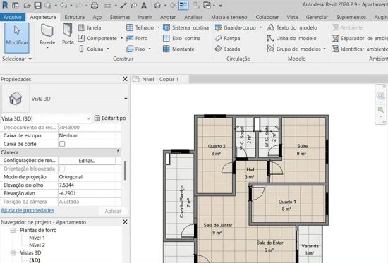 Tela do Revit mostrando projeto arquitetônico em desenvolvimento