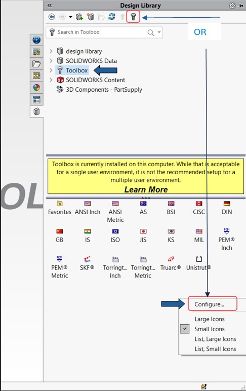 Ilustração de como adicionar peça personalizada no SOLIDWORKS Toolbox