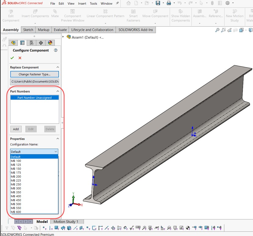 Imagem ilustrativa do processo de adição de peça personalizada no SOLIDWORKS