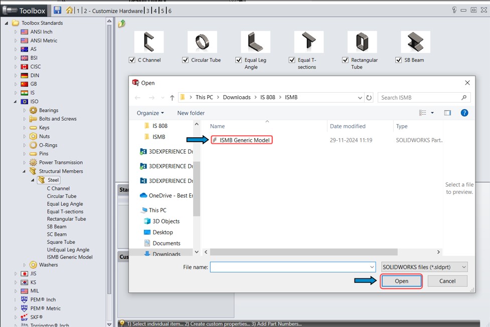 Ilustração de como adicionar peça personalizada no SOLIDWORKS Toolbox