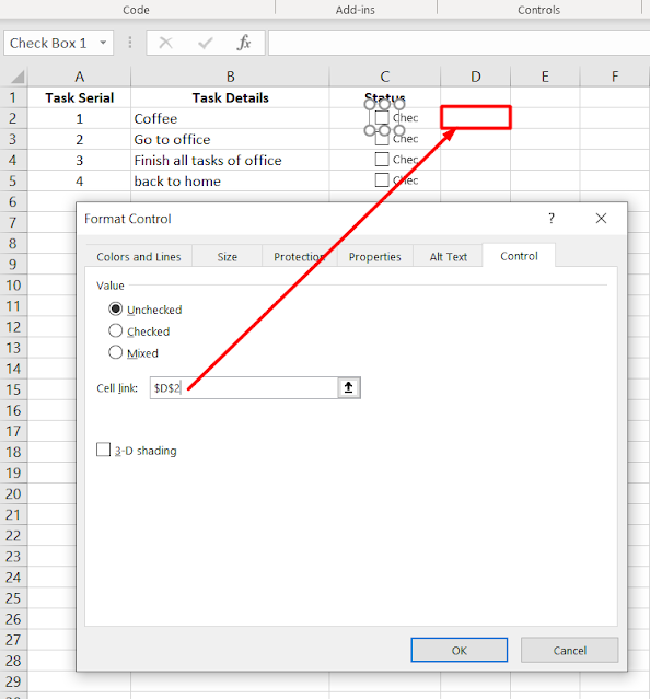 Lista de verificação nas configurações de caixa de seleção Excel