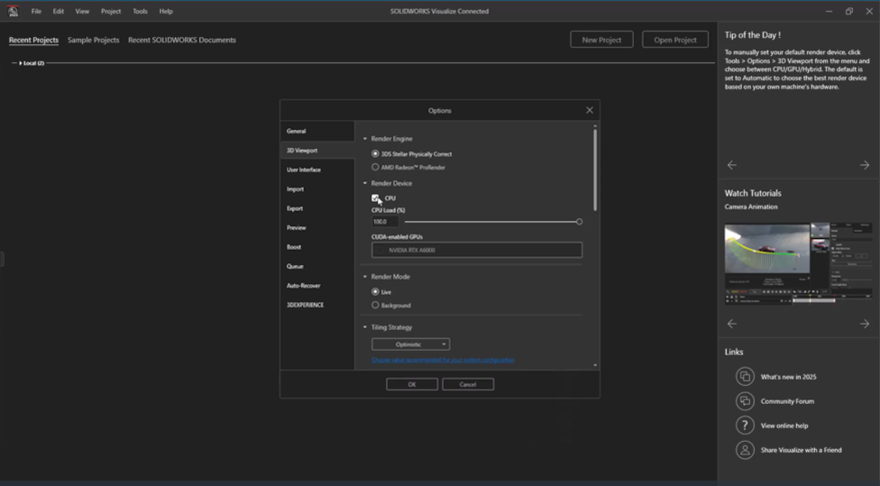 Interface do SolidWorks Visualize com novas ferramentas e recursos destacados