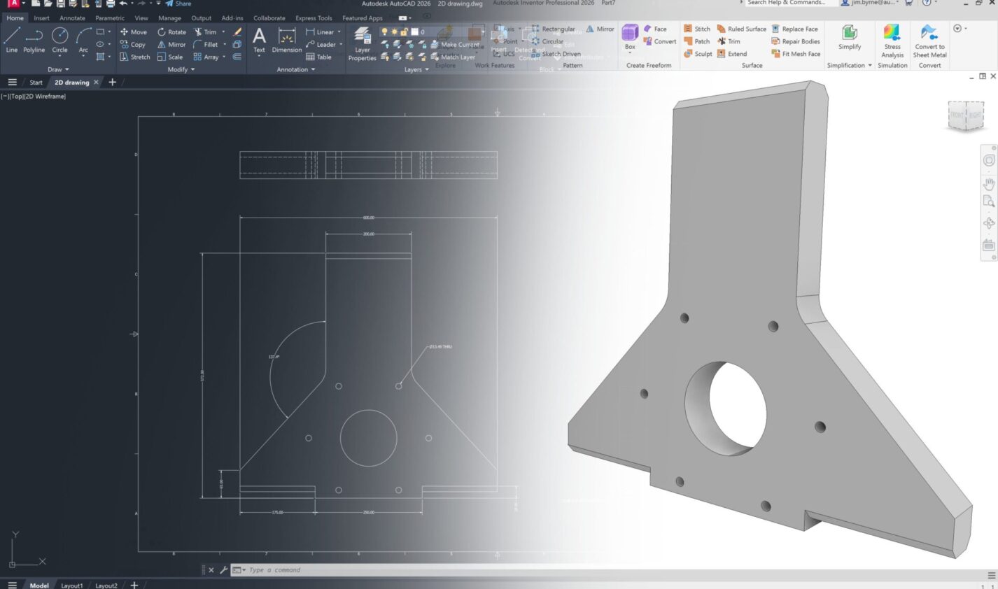 Transformação de desenho 2D em modelo 3D no Inventor com DWG