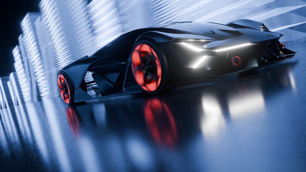 Carro neon em animação no Blender com efeitos vibrantes e dinâmicos