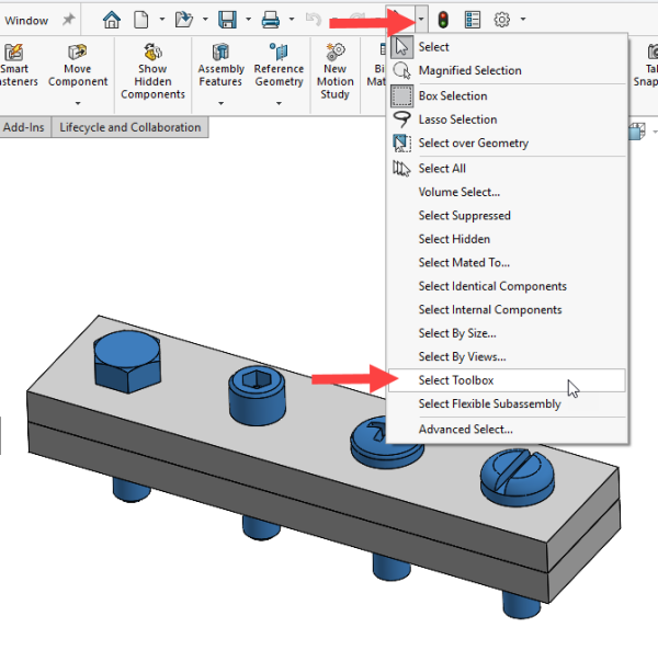 Usando Selecionar Toolbox para identificar todos os fixadores