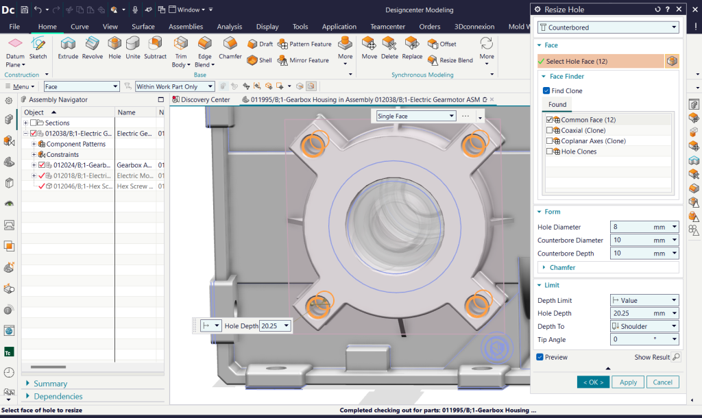 Interface do NX mostrando ferramentas de modelagem sincronizada em uso