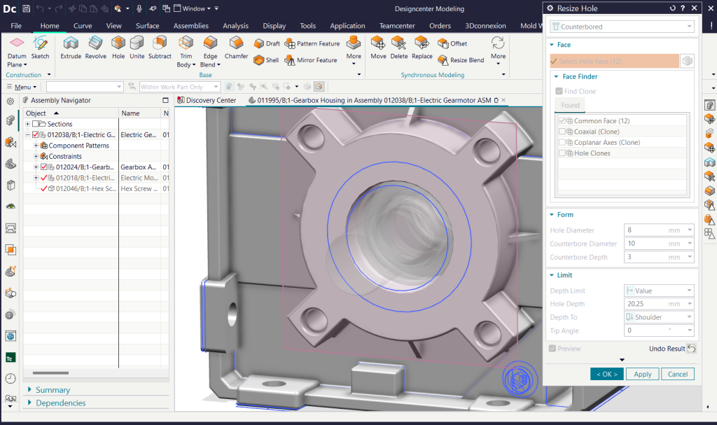 Interface do software NX mostrando dicas de modelagem sincronizada