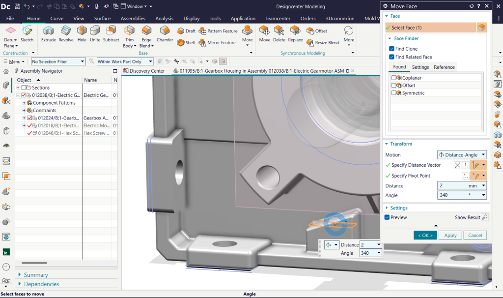 Interface do software NX mostrando ferramentas de modelagem sincronizada
