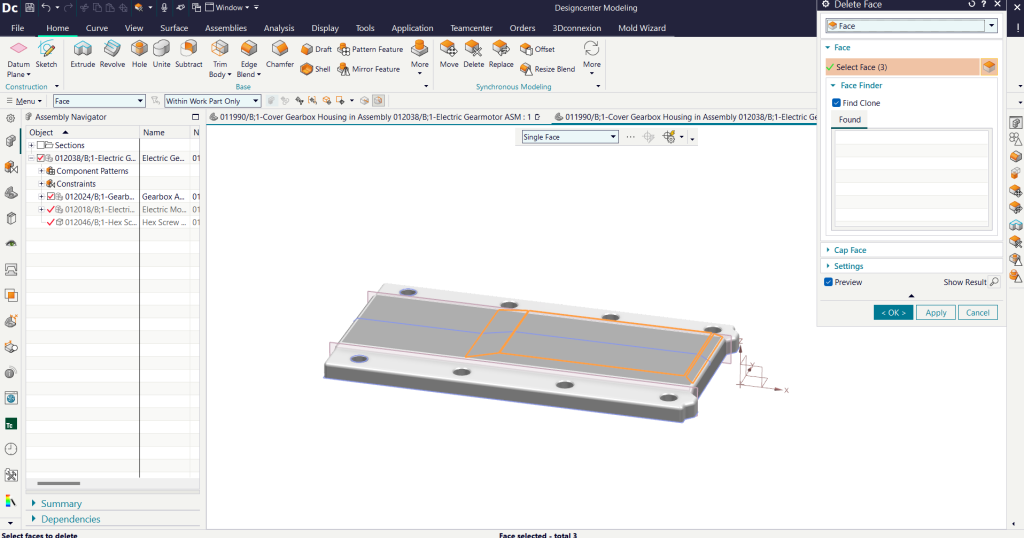 Interface do software NX mostrando dicas de modelagem sincronizada