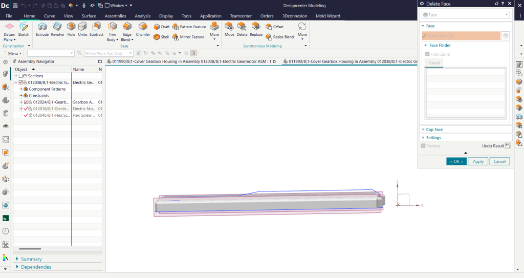 Interface do NX mostrando dicas de modelagem sincronizada em design 3D