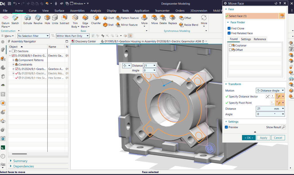 Interface do NX mostrando dicas para modelagem sincronizada em design