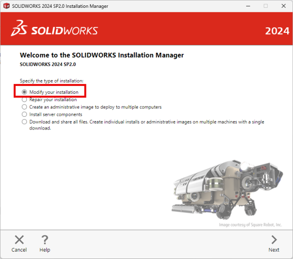 Modificando a instalação do SOLIDWORKS
