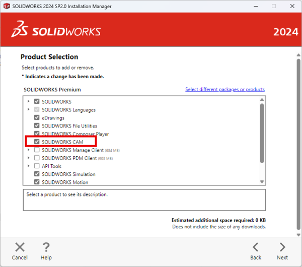 Selecionando SOLIDWORKS CAM para ser instalado