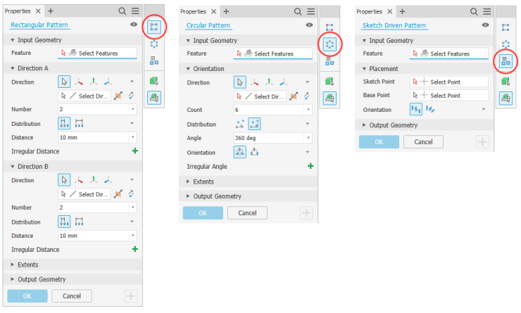 Interface do software Inventor mostrando edição de padrões e recursos